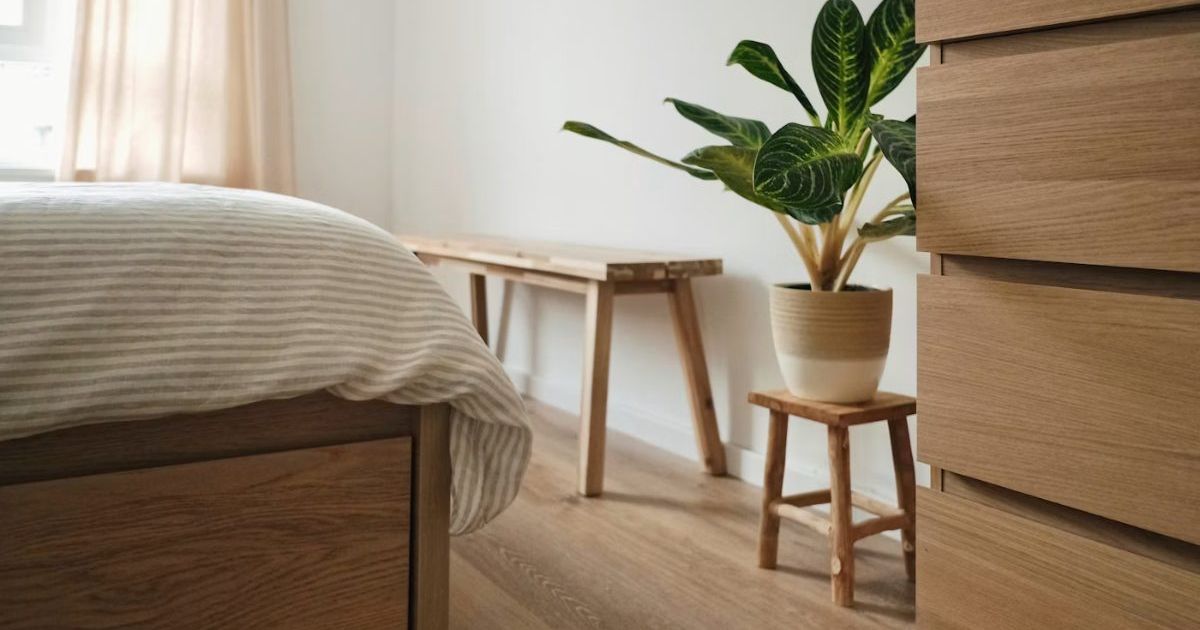 Calm bedroom with timber furniture and a potted plant by the window