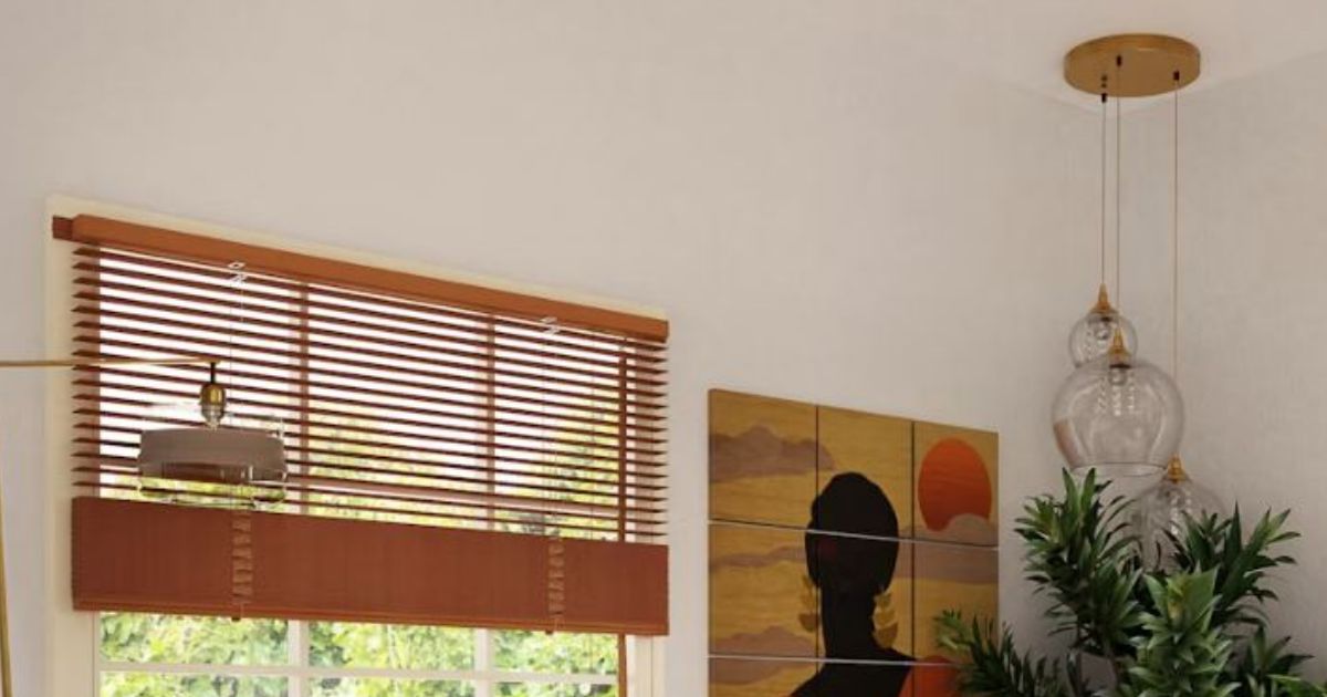 Timber blinds, a framed artwork and potted plants in a living room